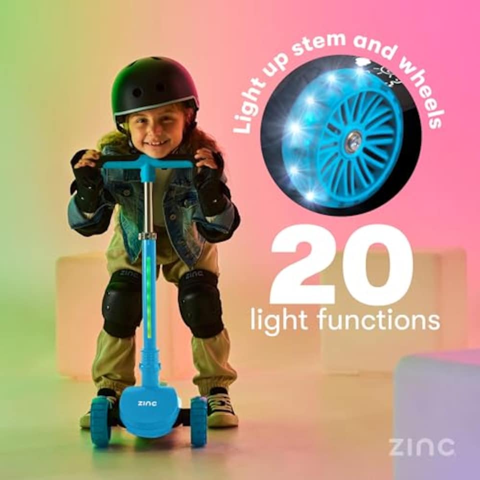 image 1 of Zinc 3 Wheel Folding Led Shine Scooter For Kids, Light Up Stem With 20 Light Functions, Folding, Non-Slip Grips, Adjustable Handlebar, Blue