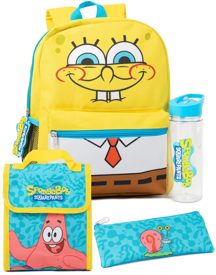 image 1 of SpongeBob SquarePants Backpack Set | Kids 4 Piece Multicoloured Rucksack Bundle with School Bag, Pencil Case, Lunch Bag & Water Bottle | Sponge Bob, Patrick & Gary Matching Set | Back to School Gifts | Multi | Multicoloured