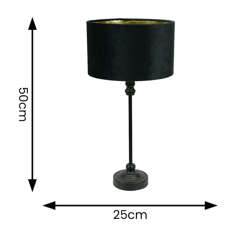 image 1 of ValueLights Maggie Black Candlestick Table Lamp with Black Velvet and Gold Inner Lamp Shade and LED Bulb Black