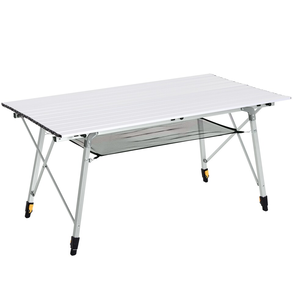 image 1 of Outsunny 4FT Folding Aluminium Picnic Table Portable Camping BBQ Table Roll Up Top Mesh Layer Rack with Carrying Bag