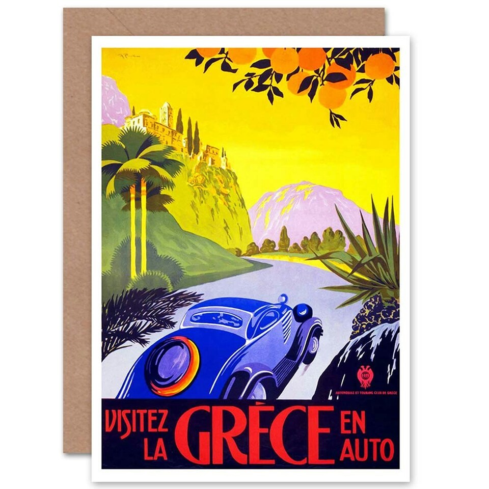 image 1 of Vintage French Travel Advert Visit Greece By Car Art Card