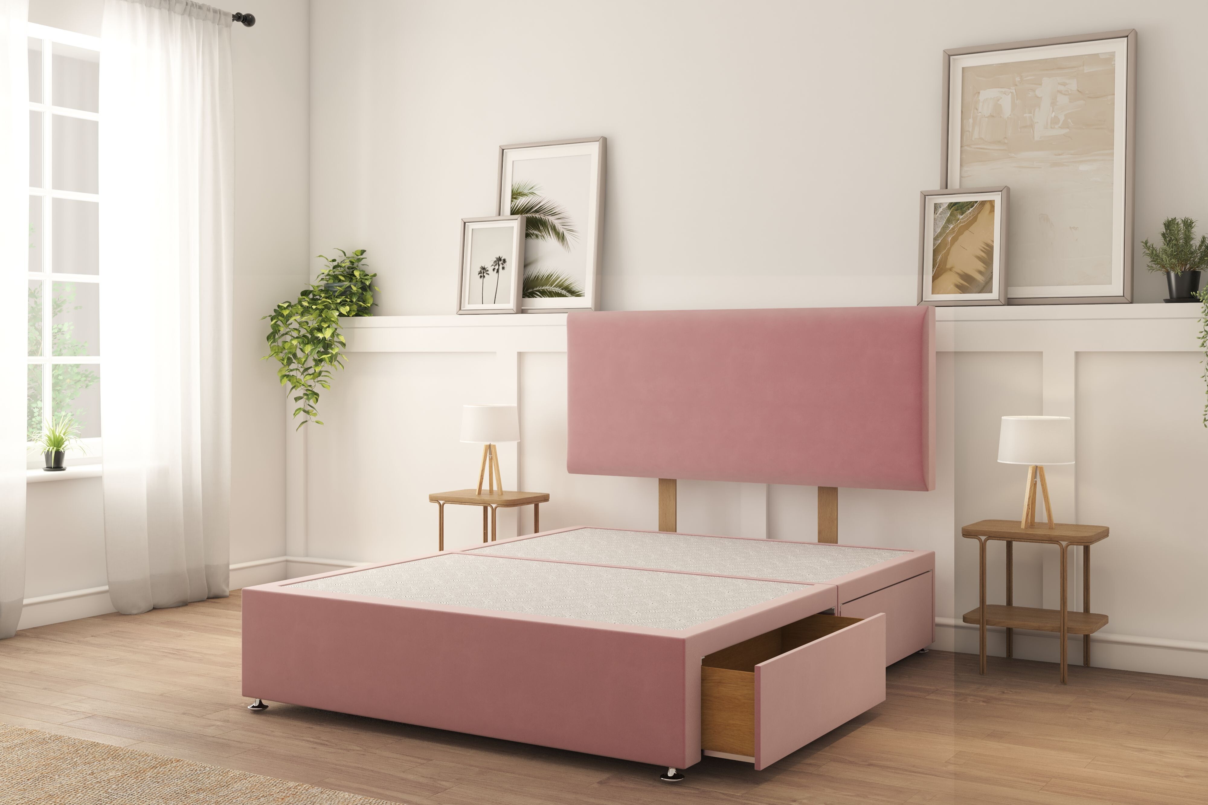 Sloomy Ashford Pink Plush Divan Bed Base 2 Drawers Foot-End With 26" Strutted Headboard 4'6 Double