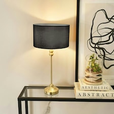 ValueLights Maggie Gold Metal Candlestick Slim Table Lamp with Black Fabric Drum Lamp Shade