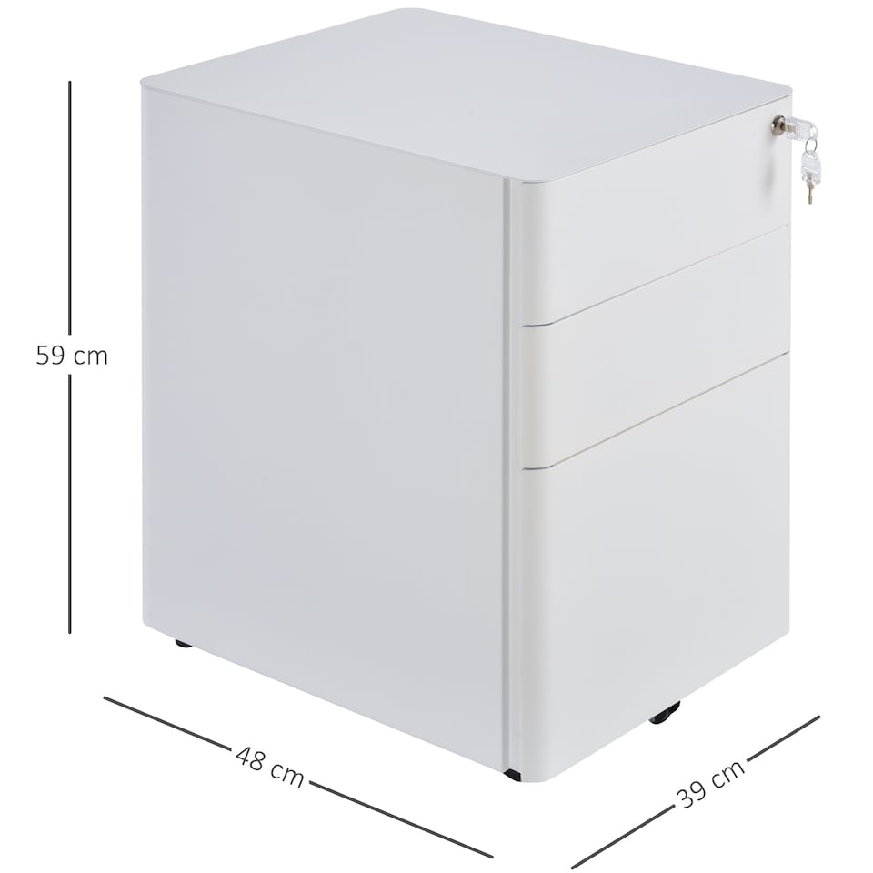 image 1 of Vinsetto 3-Drawer Mobile Filing Cabinet, Steel Lockable File Cabinet for A4, Legal, Letter, Compact Under Desk Storage Unit with Pre-Assembled Body Except Wheels for Home Office, 39 x 48 x 59cm, White