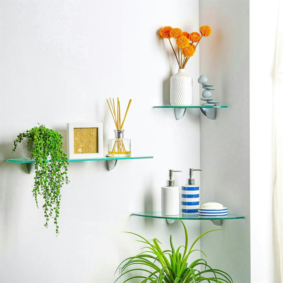 image 1 of Harbour Housewares Glass Wall Shelves - Clear - 40cm - 3 Pack - Bathroom/Display Use Clear