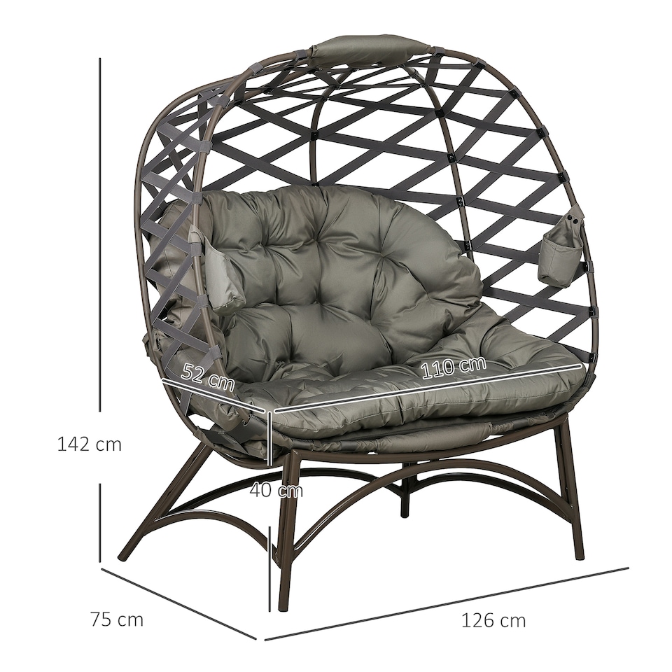 image 1 of Outsunny Egg Chair Outdoor, 2 Seater Folding Weave Garden Furniture Chair with Cushion, Cup Pockets for Patio Balcony - Sand Brown