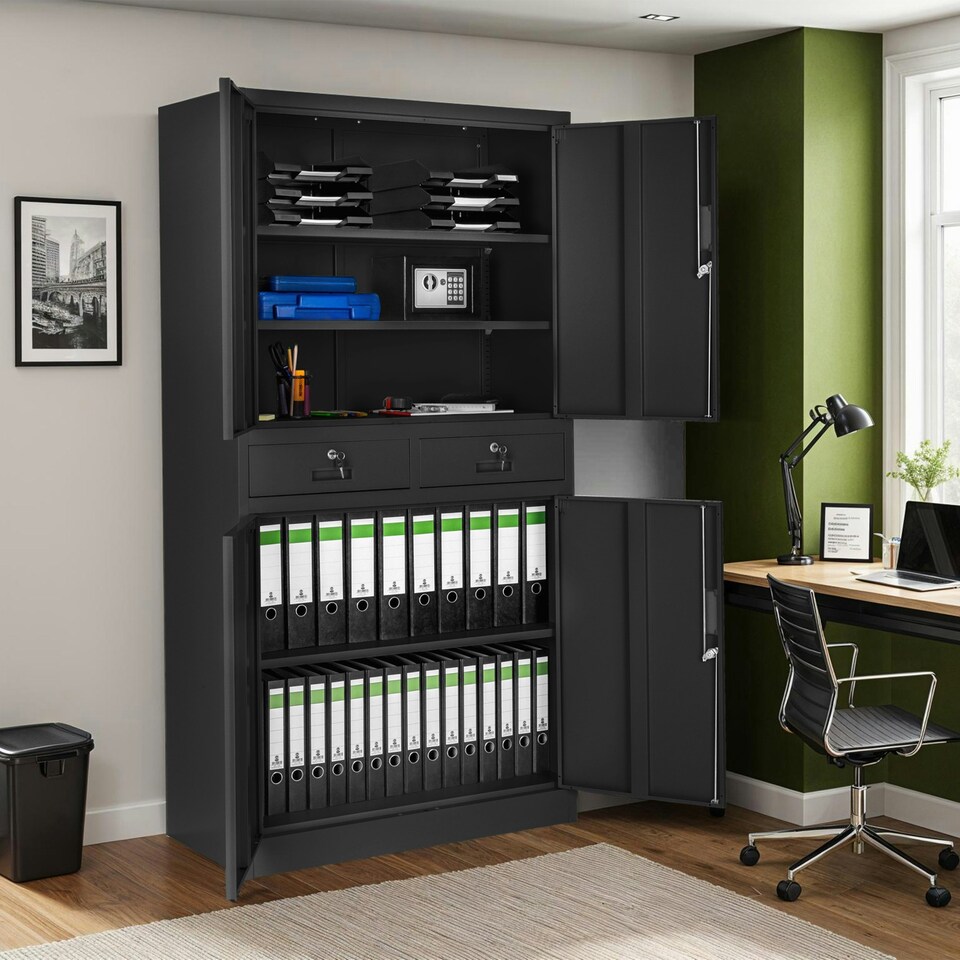 image 1 of Filing Cabinet Cosmo - 2 drawers, 5 adjustable shelves, 180 x 80 x 40 cm Black