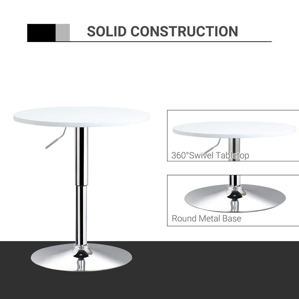 image 1 of HOMCOM Bar Table Adjustable Height Round Bistro Table with Swivel Top Metal Frame Counter Surface Stylish Kitchen Conservatory White