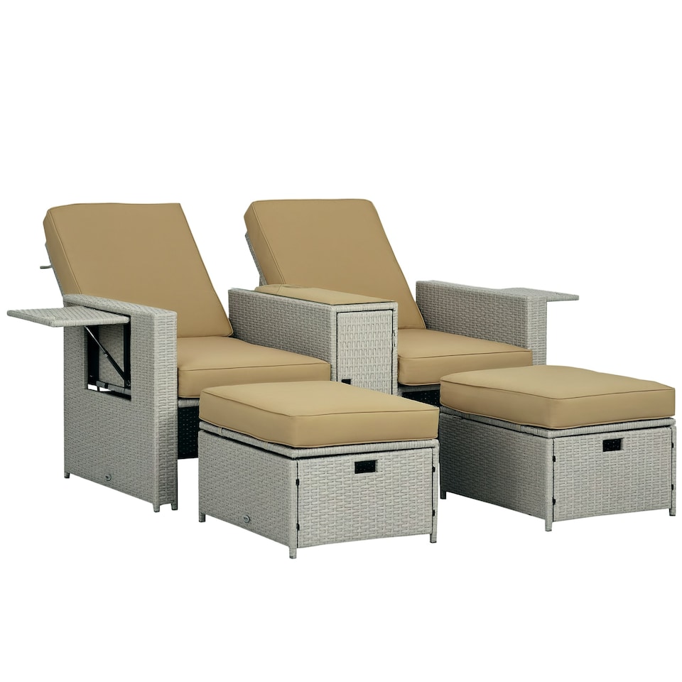 image 1 of Outsunny Recliner Rattan Sun Lounger w/ Storage Tea Table & Footstools, Beige