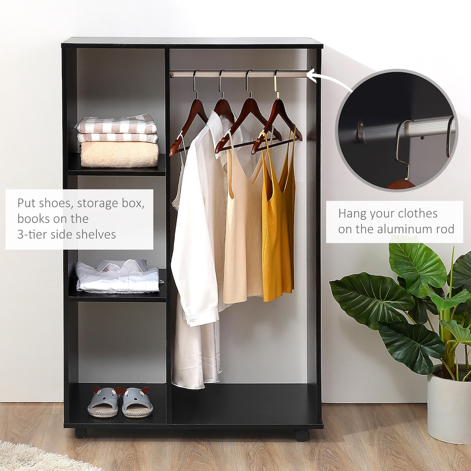 image 1 of HOMCOM Rolling Open Wardrobe Hanging Rail Storage Shelves for Clothes, Black