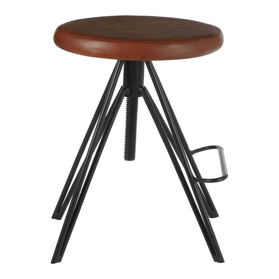 image 1 of Interiors by Premier Stylish Round Leather Stool, Comfortable Leather Upholstered Bar Stool, Sturdy Metal Kitchen Stool Brown