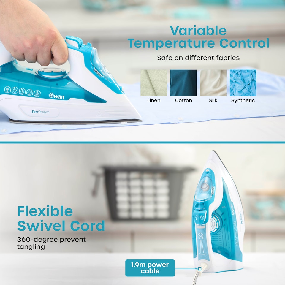 image 1 of Swan Steam Iron with Ceramic Soleplate, ProSteam Technology, Anti-Calc, Anti-Drip, Adjustable Temperature Dial and 360 Degree Swivel Cord, 3000W, White and Aqua, SI12055AQ