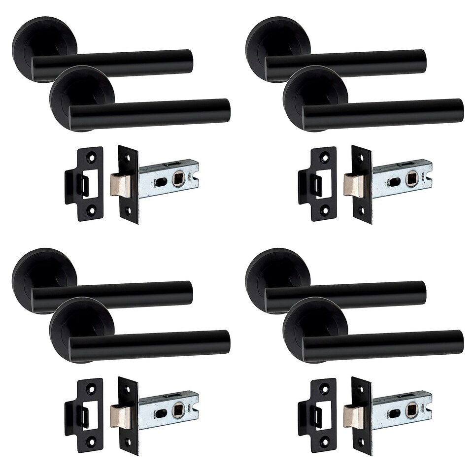 image 1 of Golden Grace 4 Pair of Straight T-Bar Design Door Handle On Round Rose Latch Door Handles with 2.5" Tubular Latch Black