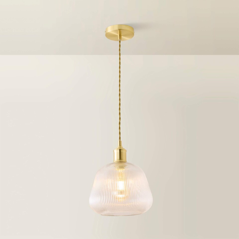 image 1 of ValueLights Delora Brushed Gold Glass Bell Pendant Light & Bulb | Gold