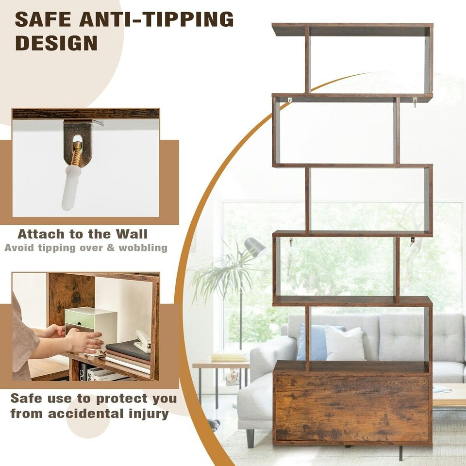image 1 of COSTWAY 5-tier Bookcase S-Shaped Bookshelf Display Rack Brown Brown
