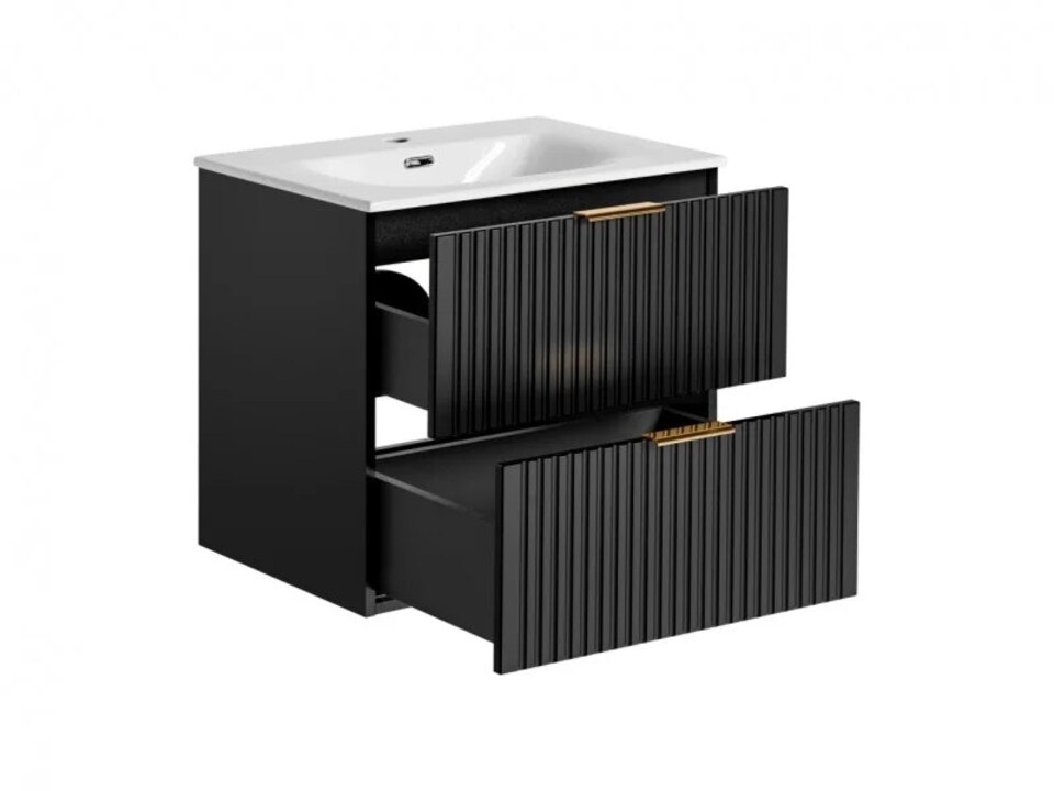 image 1 of Bathroom Vanity Unit with Basin 600mm Ribbed Textured Black Wall Hung Floating Cabinet - Adel