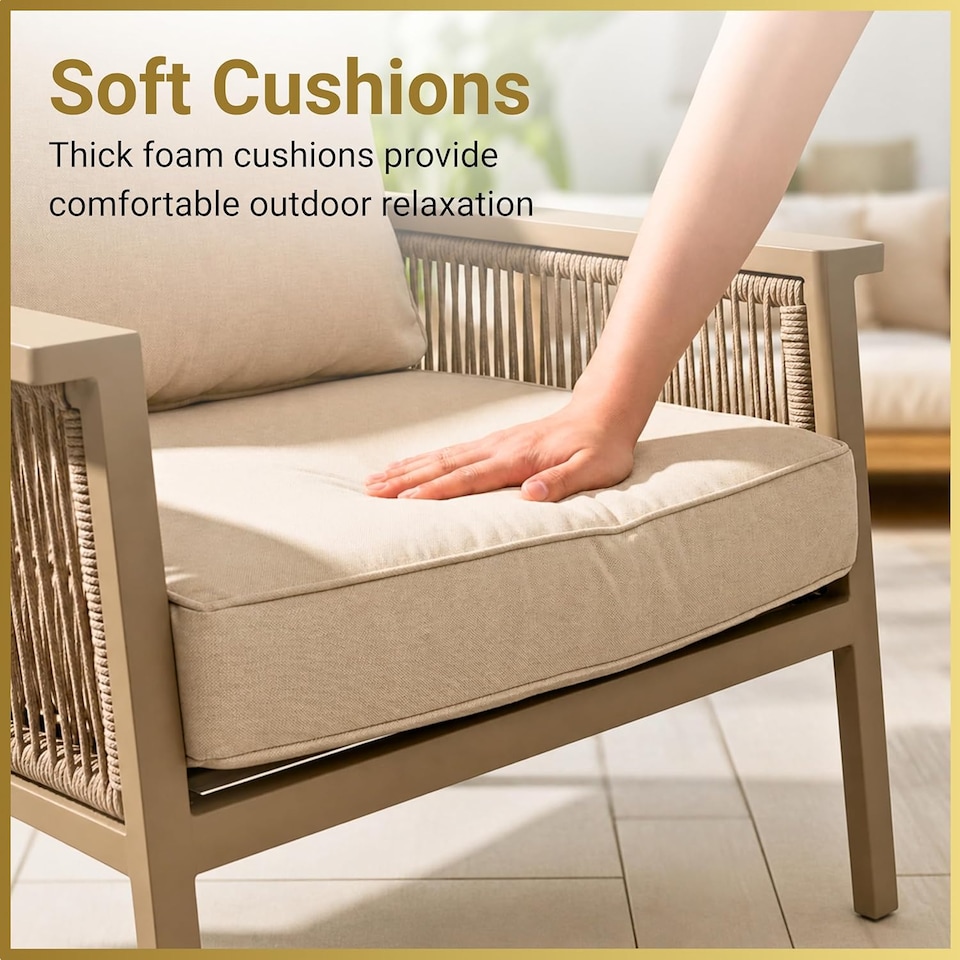 image 1 of Aluminium Garden Furniture Set 7 Seater Beige Outdoor Patio Sofa Set - Poly Rattan Rope Loveseat, Armchairs, Dining Table, Thick Cushions for Lounge Conservatory Balcony Seating
