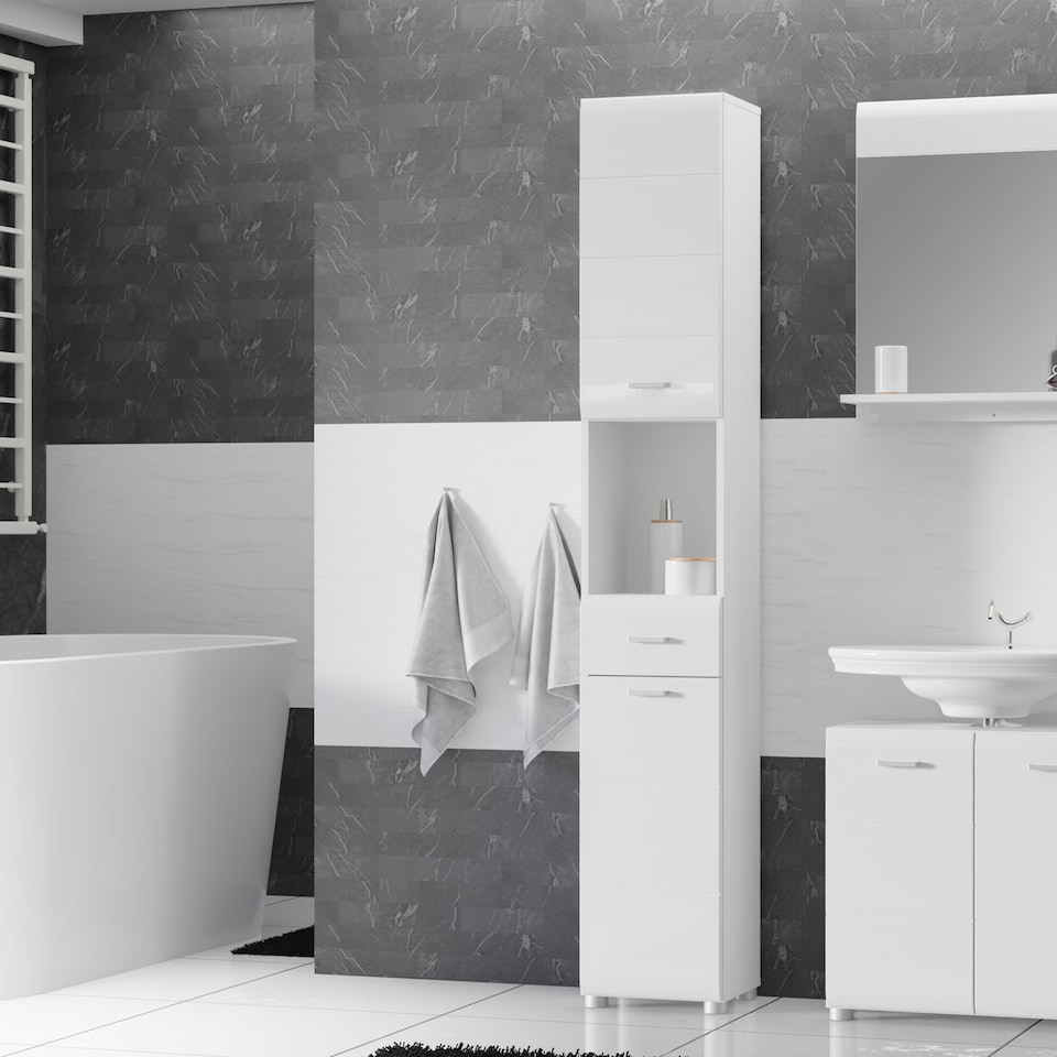 image 1 of Ice Cave Narrow Bathroom Storage Cabinet with 2 Doors & 1 Drawer with Silver Handles in White with White High Gloss Fronts