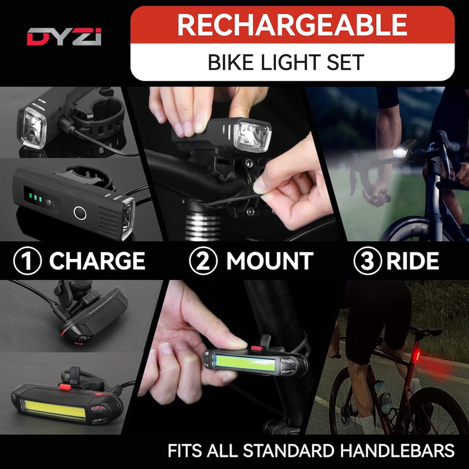image 1 of Dyzi Bike Bicycle Light Set USB Rechargeable 4 Modes with Daylight Sensor By DYZI