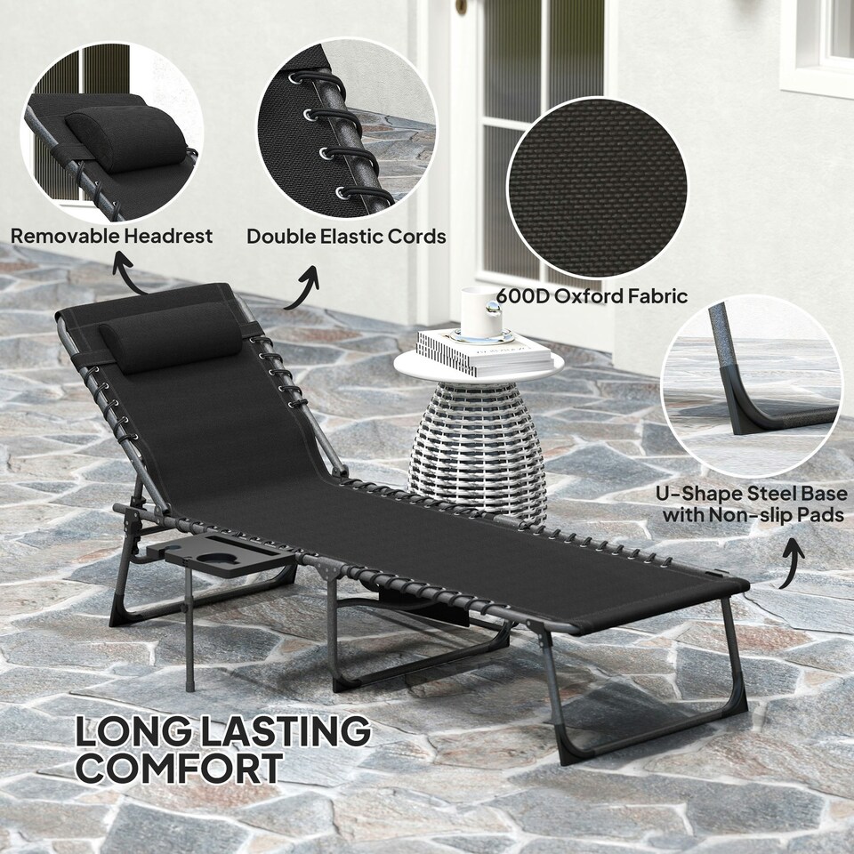 image 1 of Outsunny Folding Sun Lounger with 5-Level Reclining Back, Side Table