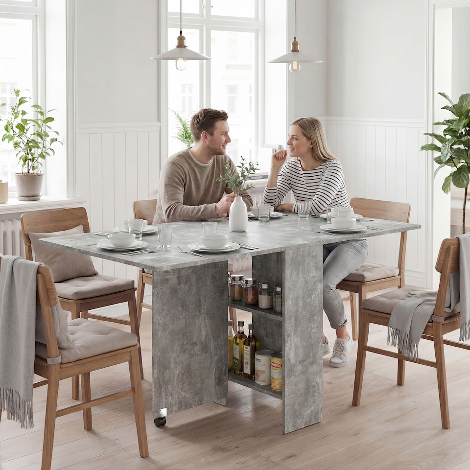 image 1 of HOMCOM 80-140 cm Folding Dining Table for 4-6 Drop Leaf Table Cement Grey