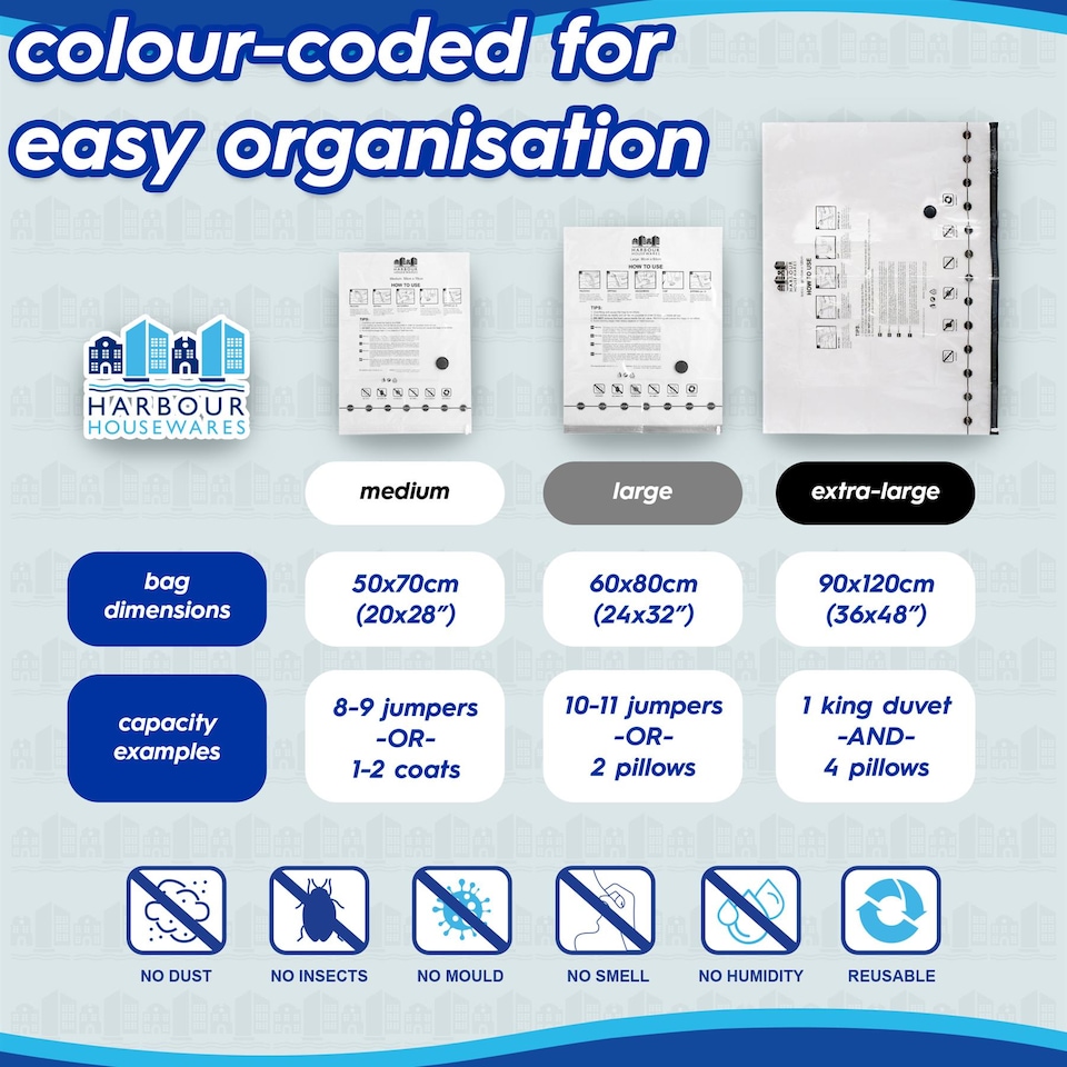 image 1 of Harbour Housewares 5x Vacuum Storage Bags & Pump Set - L (60 x 80cm) - Reusable Clothes Space Saver Organiser Zip Lock Bag | Grey | Grey | Large | 6