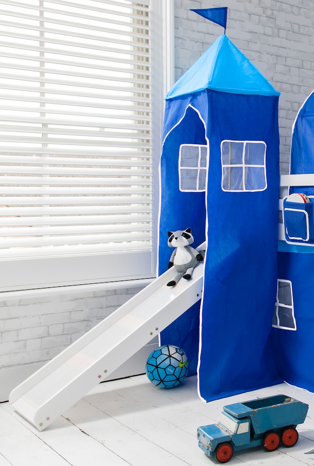 image 1 of Moro Cabin Bed with Slide and Brilliant Blue Cotton Tent, Tower & Tunnel in White