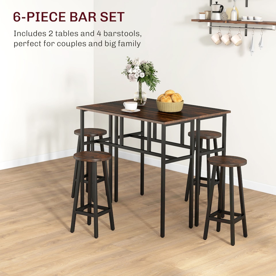 image 1 of HOMCOM 6-Piece Bar Table Set, Counter Height Kitchen Dining Set with 2 High Tables & 4 Stools, Space Saving Compact Bar Furniture for Small Kitchens and Flats, Multiple Arrangements, Rustic Brown