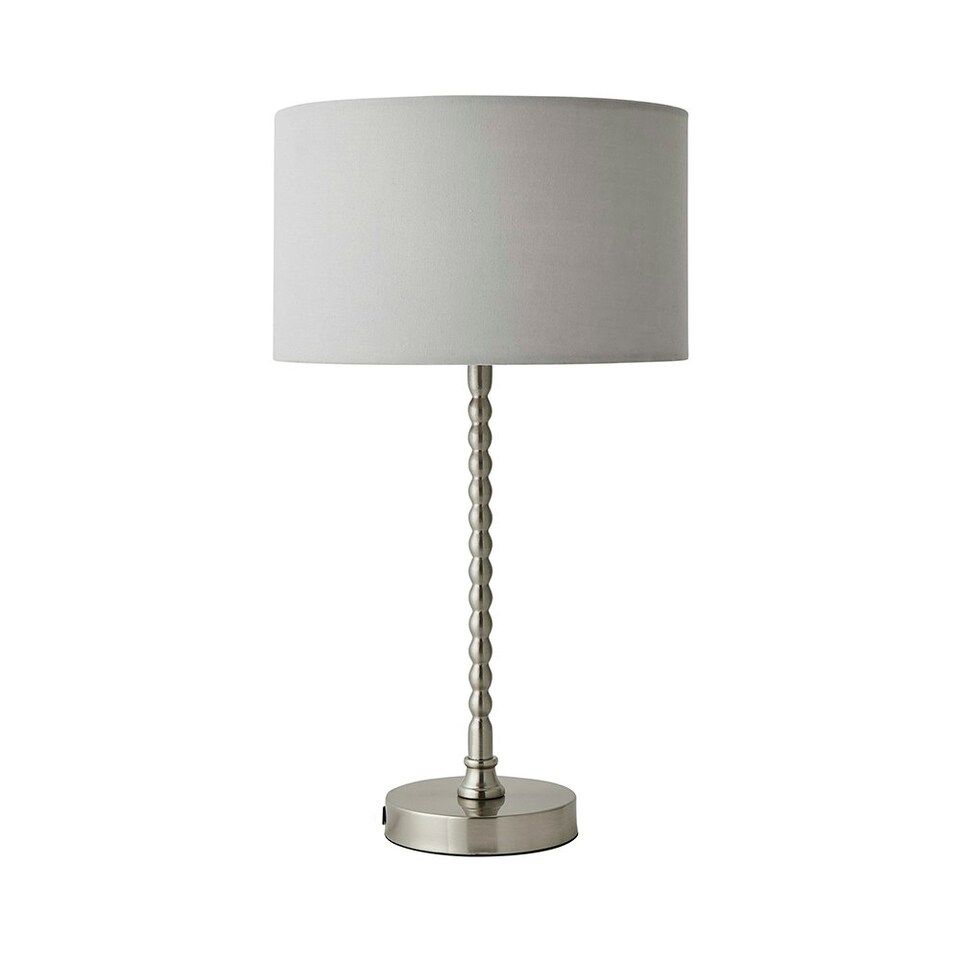 image 1 of ValueLights Maeve Grey Fabric Drum Lamp Shade Brushed Chrome Bobbin Bobble Table Lamp Silver