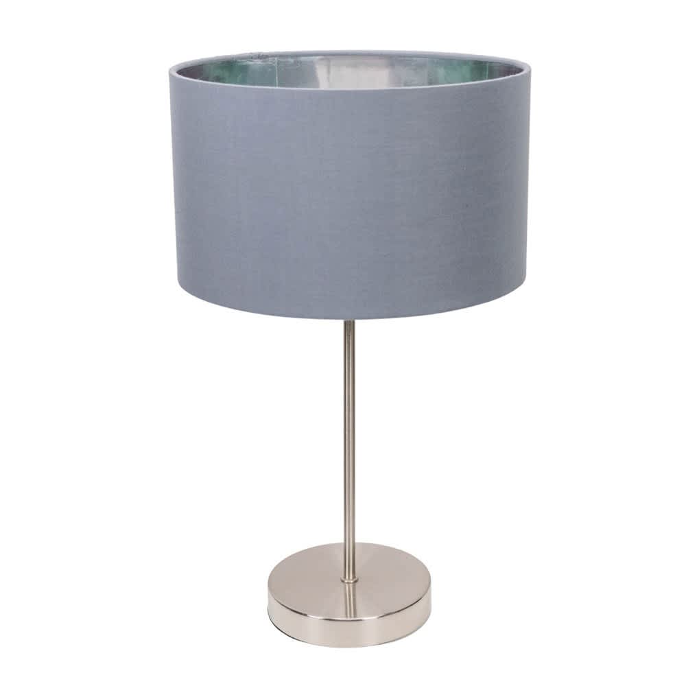 ValueLights Charlie Fabric Drum & Chrome Inner Shade Chrome Stem Table Lamp & Bulb in Grey