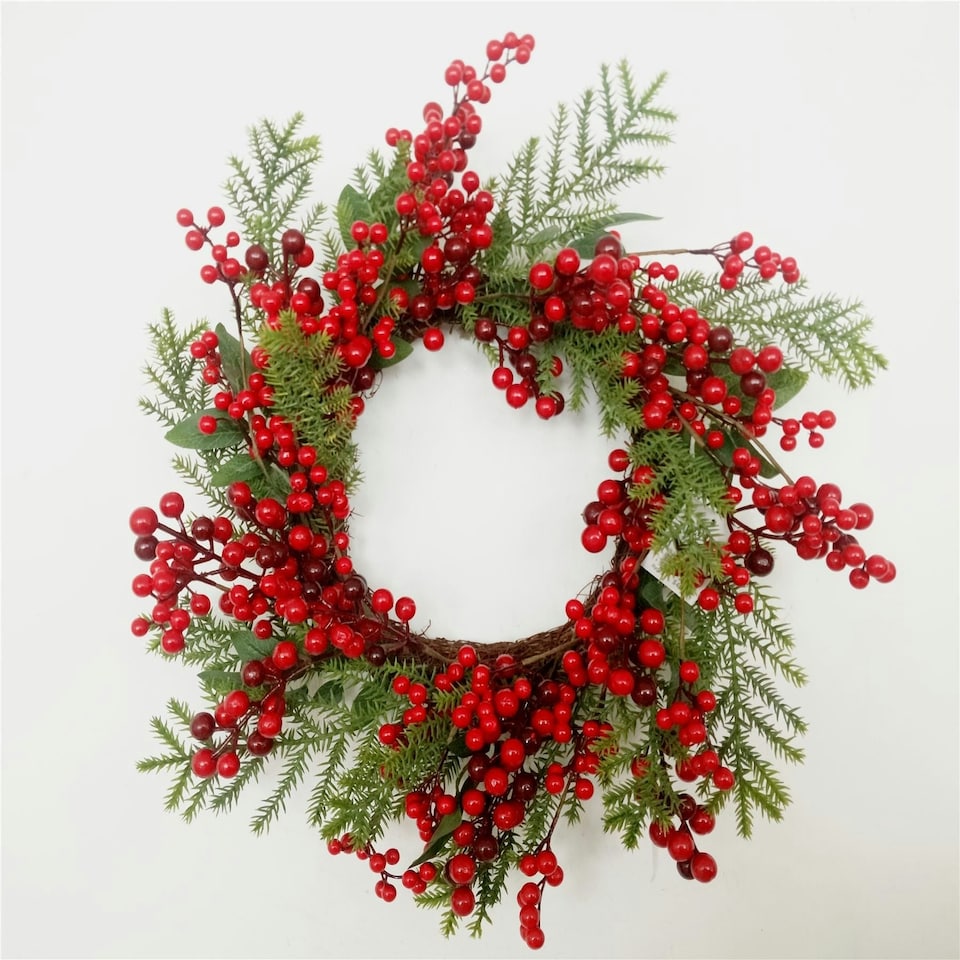 image 1 of Natural Looking Artificial Green Leaves And Berries Wreath Front Door Hanging Christmas Decorations Garland