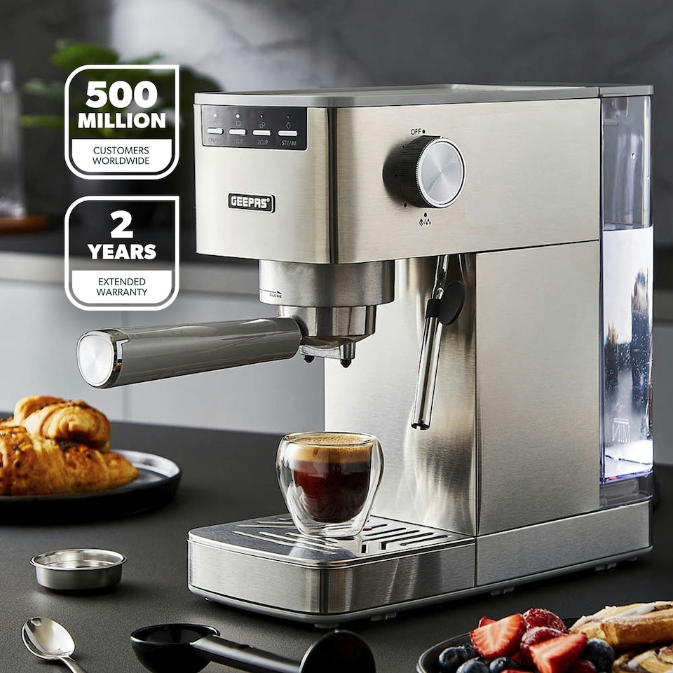 image 1 of GEEPAS Espresso & Cappuccino Coffee Machine with Milk Frother - Silver