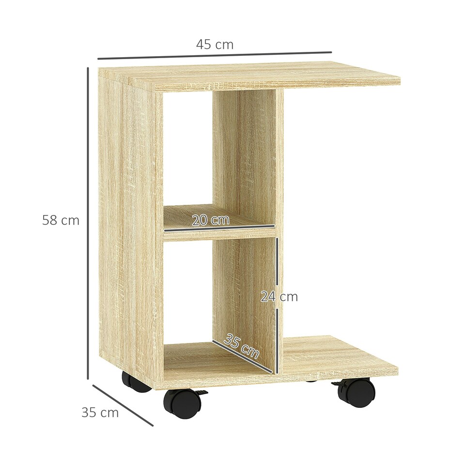 image 1 of HOMCOM C-Shape End Table Storage Unit w/ 2 Shelves 4 Wheels Black Yellow