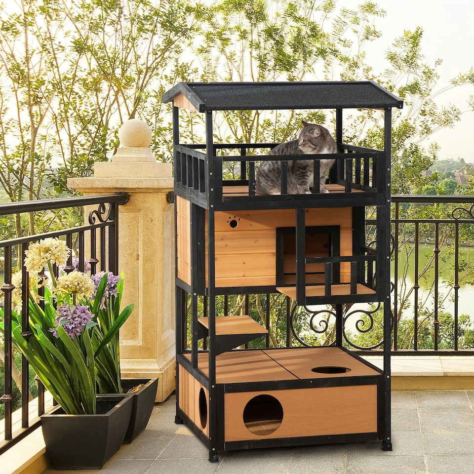 image 1 of PawHut Wooden Outdoor Cat House 3-Tier Kitten Shelter w/ Tilted Roof Yellow