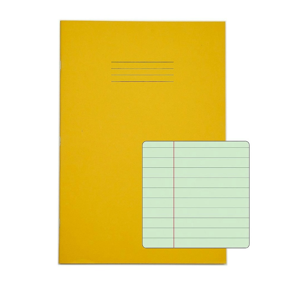 image 1 of Pack of 10 Rhino A4 48 Page Yellow with Green Tinted Paper 8mm Lined with Margin Exercise Books