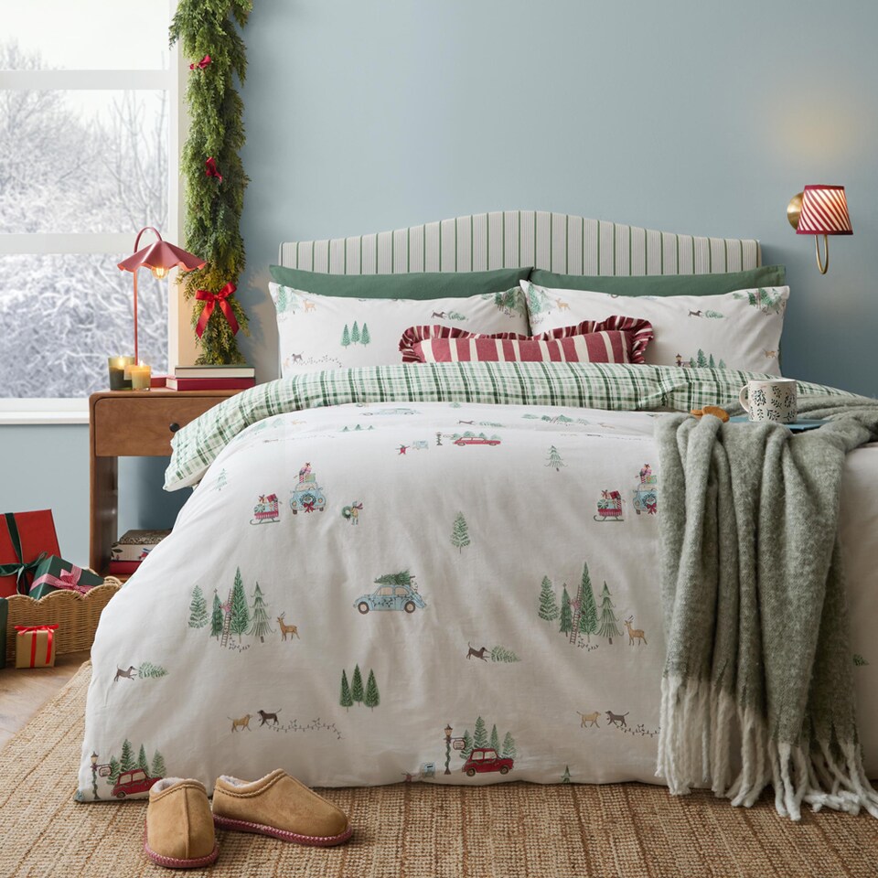 image 1 of Wylder Christmas Tree Lane 100% Cotton Duvet Cover Set, Natural/Sage, Double