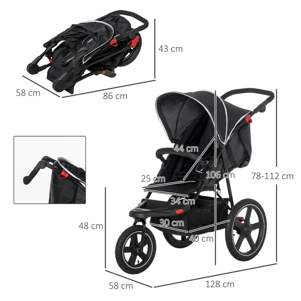 image 1 of HOMCOM Foldable Three-Wheeler Baby Stroller w/ Sun Canopy, Storage