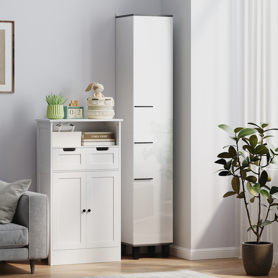 image 1 of HOMCOM Bathroom Storage Cabinet, Tall Cabinet, Bathroom Storage Unit with Adjustable Shelves, Double Doors and Drawer