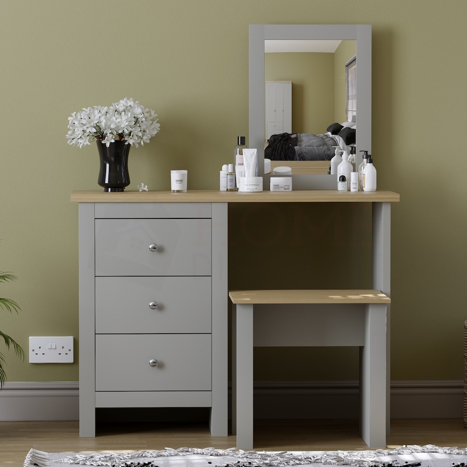 image 1 of Vida Designs Arlington 3 Drawer Dressing Table Mirror & Stool Set Vanity Makeup Desk, Grey & Oak