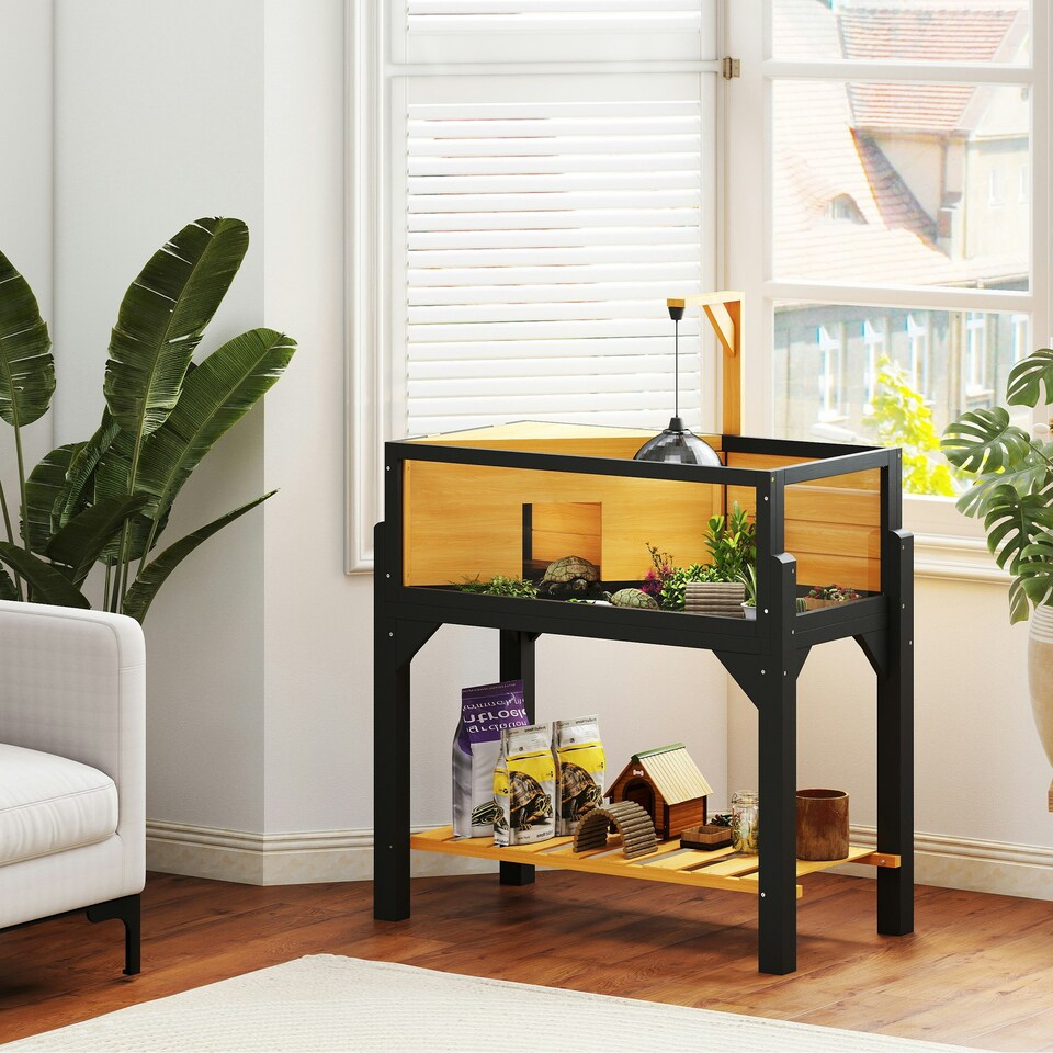 image 1 of PawHut Wooden Tortoise House with Storage Shelf, Clear Observation Windows