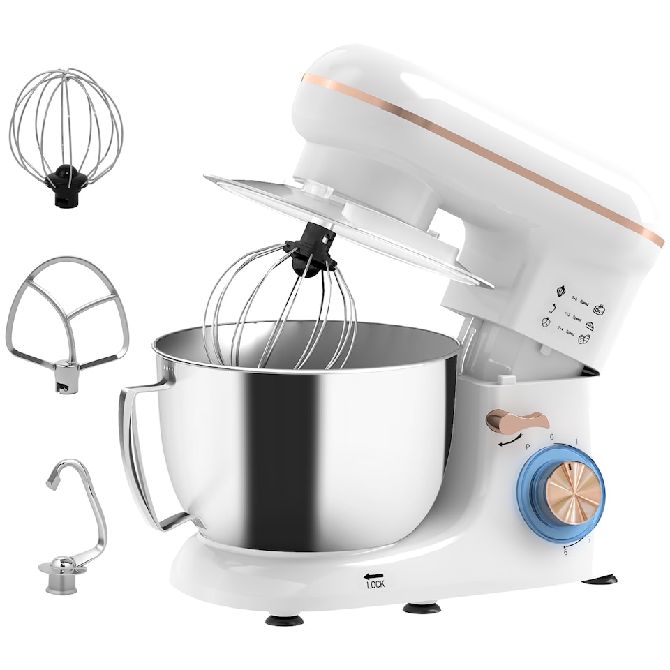 image 1 of HOMCOM Stand Mixer, 4.5L Food Mixer for Baking, 6 Speeds and Pulse Setting, 1300W Cake Electric Whisk with Dough Hook, Whisk, Stainless Steel Bowl, Splash Guard, Beater, White