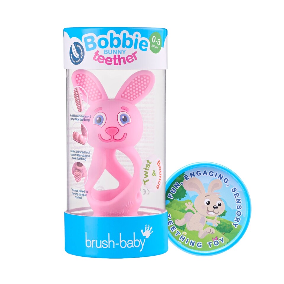 image 1 of Brush Baby Bobbie Bunny Baby Teether Toy Rose Pink | Twist & Bounce Teething Toy