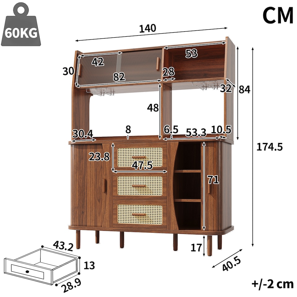 image 1 of VILUXE Tall Kitchen Storage Cabinet with Rattan-Effect Drawers and Glass Sliding Doors, 140 cm, Walnut
