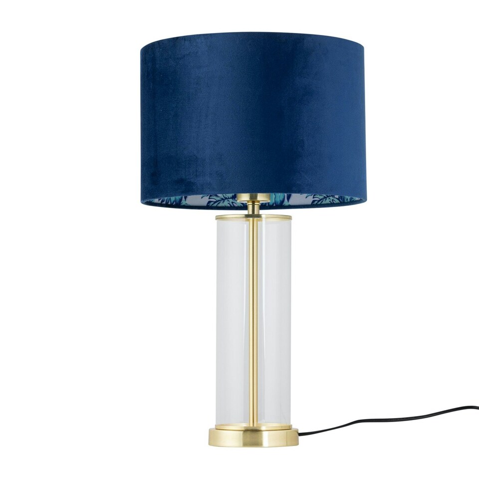 image 1 of Aura - Satin Brass Table Lamp with Navy Velvet Parrot Shade Bronze | Blue