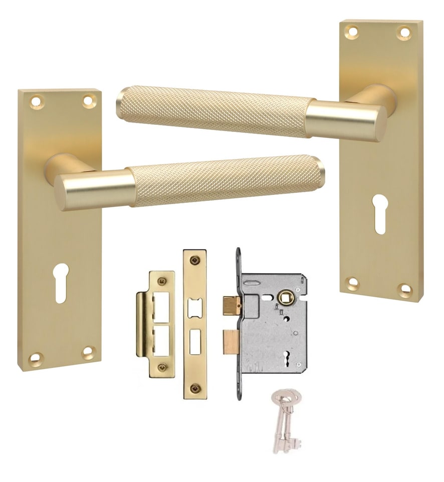 image 1 of Golden Grace Victorian T-Bar Knurled Lock Door Handle Set Satin Brushed Brass Finish with 2.5in 3 Lever Lock - 150 x 40mm