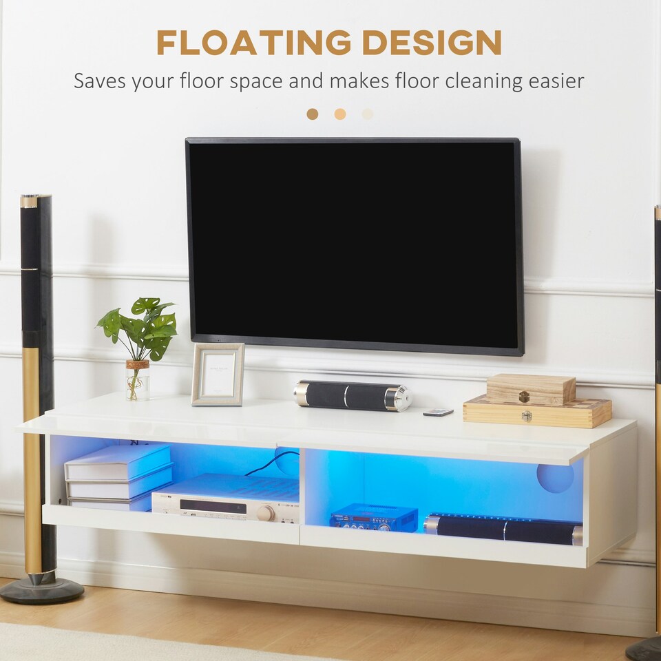 image 1 of HOMCOM High Gloss TV Stand Unit Wall Mounted with LED Lights, White