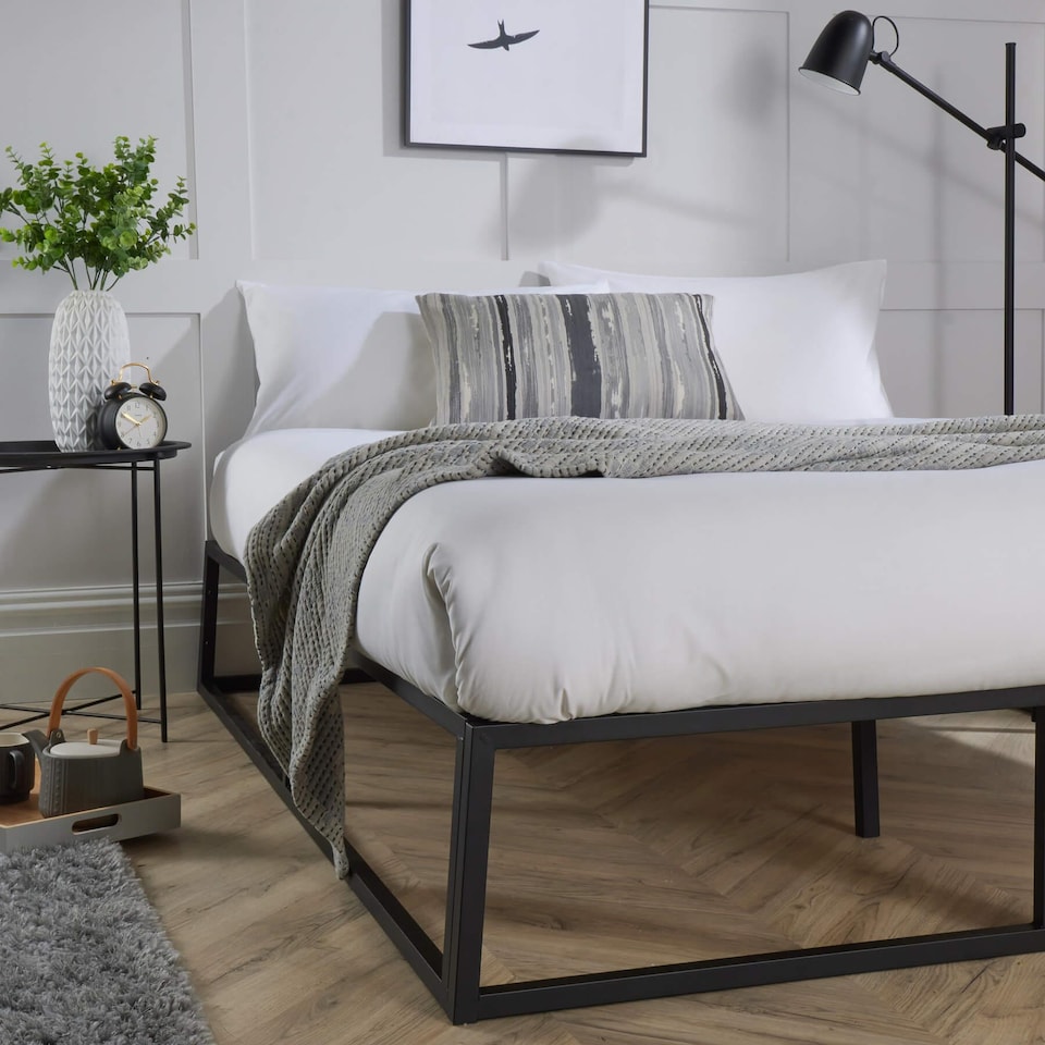 image 1 of 4ft Small Double Platform Bed Slatted Support Contemporary Black Metal Frame