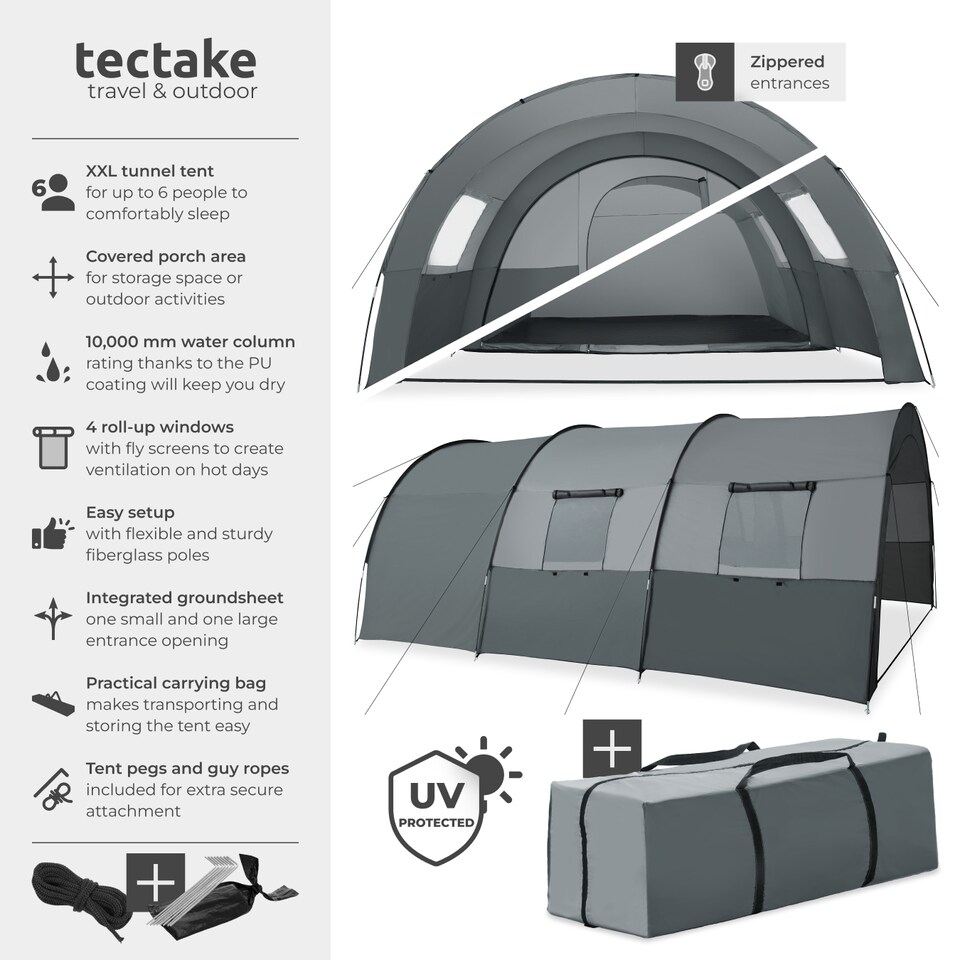 image 1 of Tent Roskilde - for 6 people, with awning, groundsheet, 4 windows with mosquito nets | Grey | light grey/dark grey | 480 x 350 x 195 cm | 1