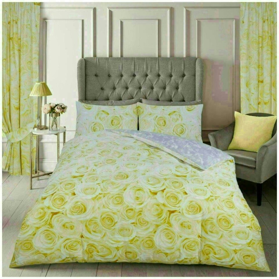 image 1 of VELVETIO Bellerose Floral Printed Duvet Cover Set Rebersible Polycotton Beddings Yellow | Ochre | Super King