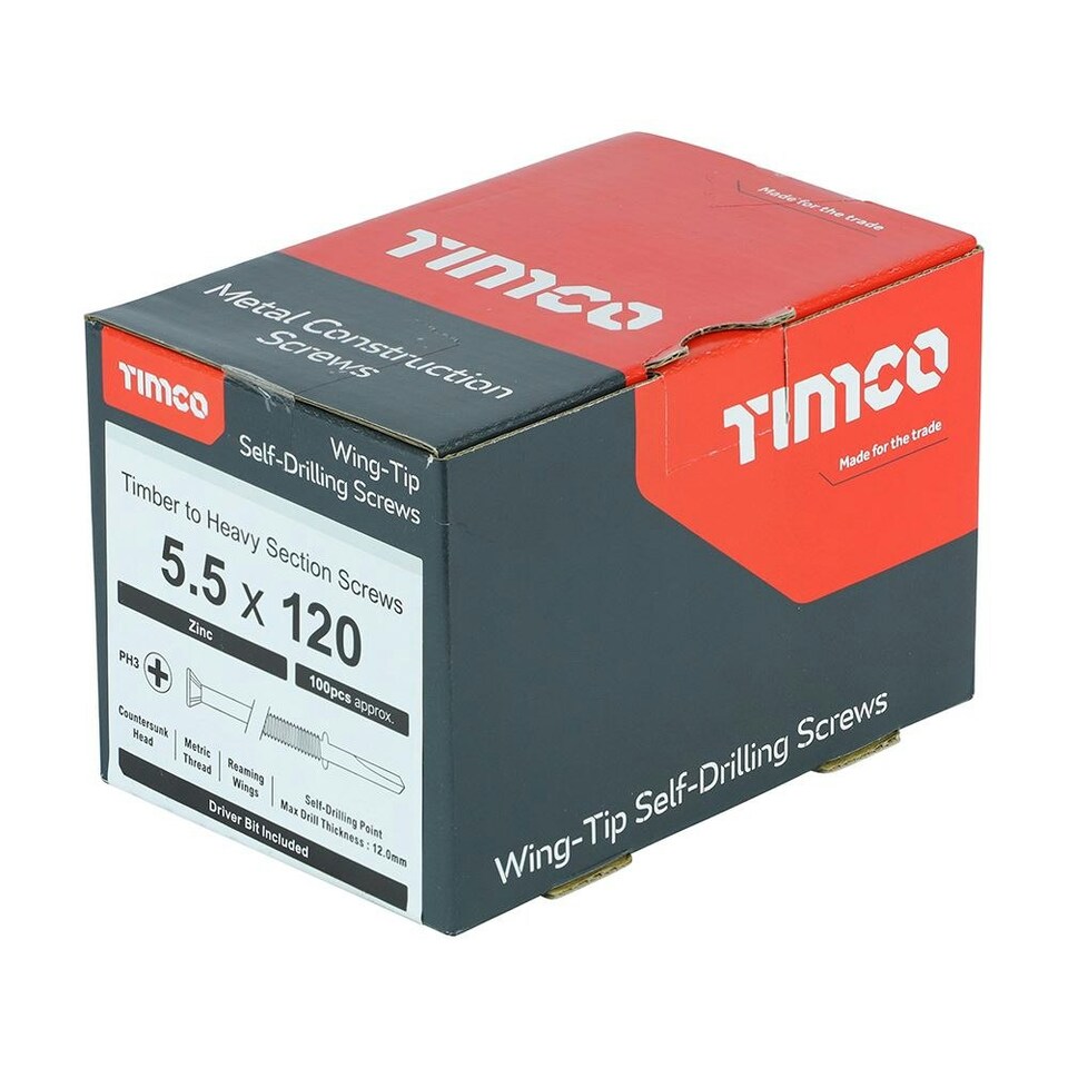 image 1 of Timco - Metal Construction Timber to Heavy Section Screws - Countersunk - Wing-Tip - Self-Drilling - Zinc (Size 5.5 x 120 - 100 Pieces)